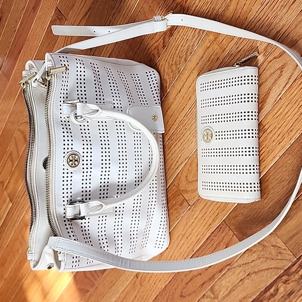 Tory Burch satchel and wallet.